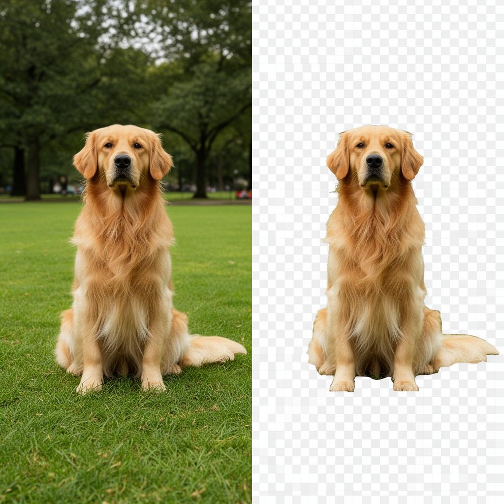 Dog photo before and after background removal showing fur edges