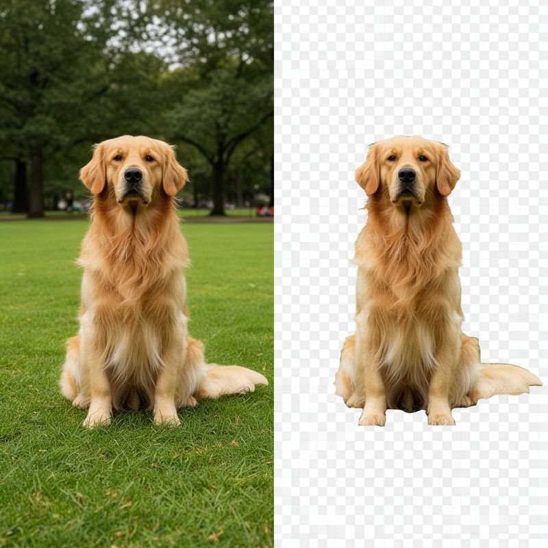 Dog photo before and after background removal showing fur edges