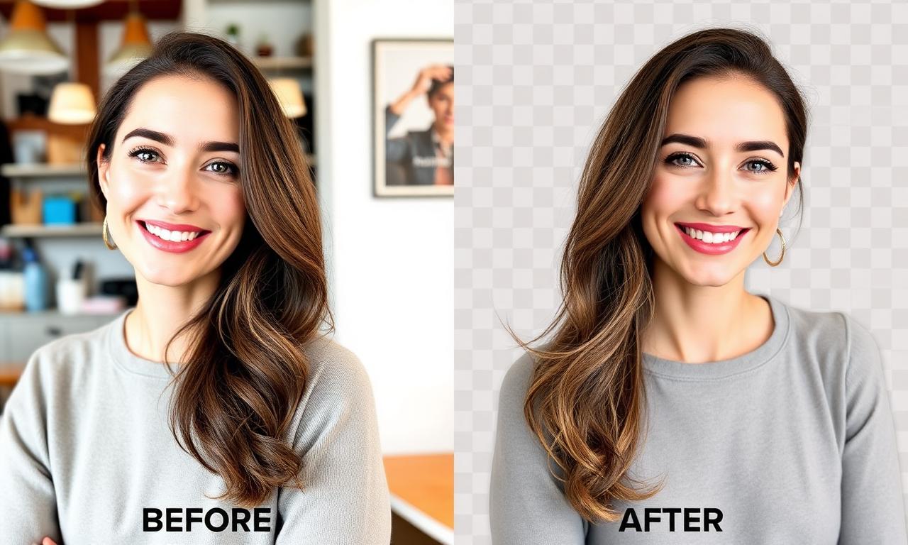 Before and after example showing how to remove background from picture using AI